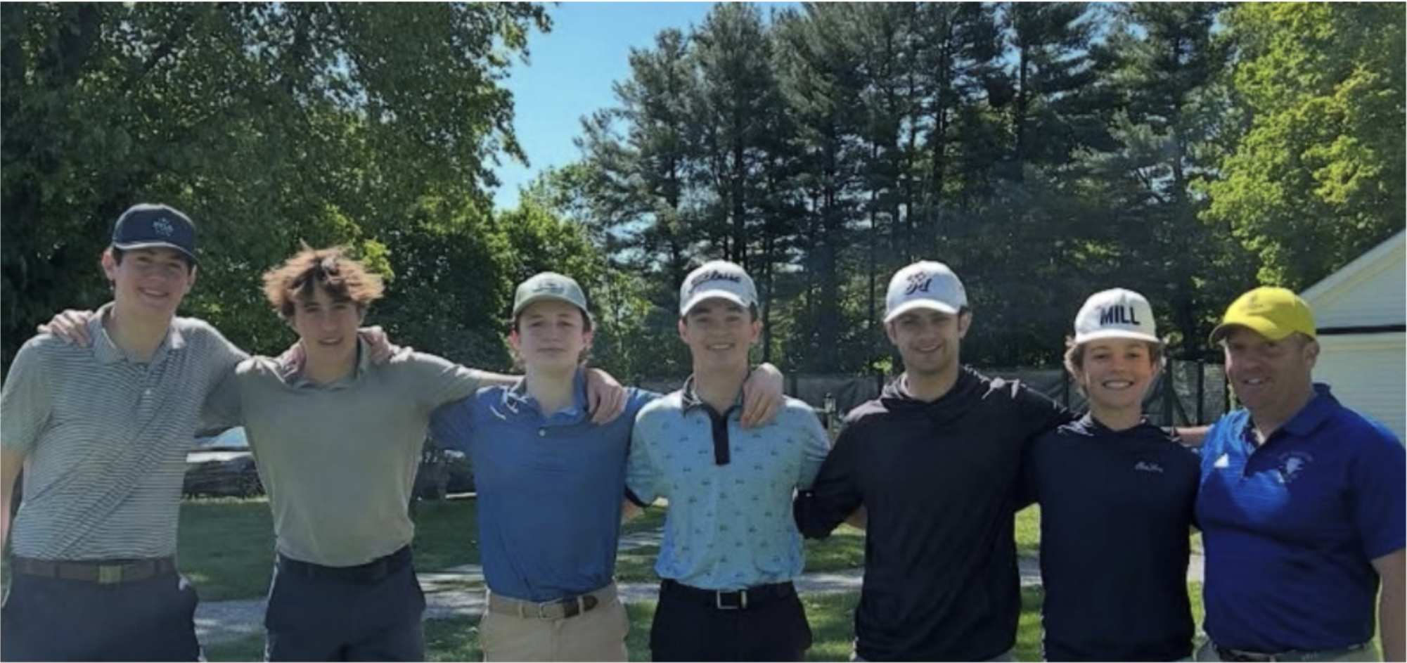 Members of the Golf Team, Quinn Marchant (‘26), Finn Kahl (‘26), Mikey Lelli (‘27), Mikey Dillon (‘25), Cameron Ventura (‘26), Charlie McMullan ('27), with Coach Rizzuti after a match.